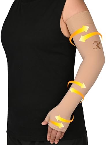 KEKING Lymphedema Compression Arm Sleeve with Gauntlet for Women Men, 20-30 mmHg Medical Graduated Compression Arm Brace, Full Arm Support Brace for Pain Relief, Arthritis, Swelling, Single Beige XXL