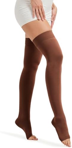 MGANG Medical Thigh High Compression Stockings for Men & Women, Pair, Open Toe, 15-20 mmHg Graduated Compression Support Hose, Opaque, Best for Varicose Veins, Edema, Flight, DVT, Swelling, Brown 2XL