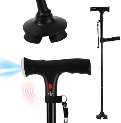 Walking Stickï¼Walking Canes for Women & Menï¼Folding Cane with Led Light and Alarm, with Side Handle, Collapsible Cane Lightweight, Free Self Standing Foldable Stick for Seniors & Adults