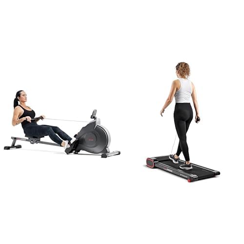 Sunny Health & Fitness Magnetic Rowing Machine with Exclusive SunnyFit App + Sunny Health & Fitness Smart Slim Under Desk Walking Treadpad