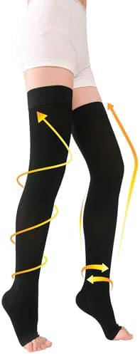 TOFLY® Thigh High Compression Stockings for Women & Men (Pair), Open Toe, Opaque 20-30 mmHg Graduated Compression Hose, Medical Compression Stockings for Varicose Veins, Edema, DVT, Travel,Black 4XL