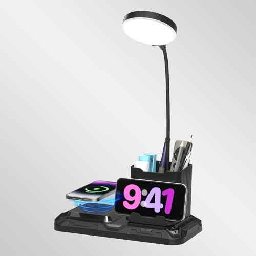 KDD 4 in 1 Desk Lamp with Wireless Charger - 360¡à Rotating Gooseneck Small Table Lamp with Pen Holder & Phone Stand, Adjustable White and Warm Light Dual Mode LED Desk Light for College Dorm Room