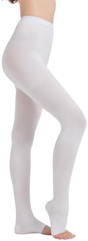 MGANG Medical Compression Pantyhose for Women & Men, 20-30mmHg Graduated Compression Support Tights, Open Toe, Opaque Waist High Compression Stockings for Edema, Varicose Veins, Flight, DVT, White XXL