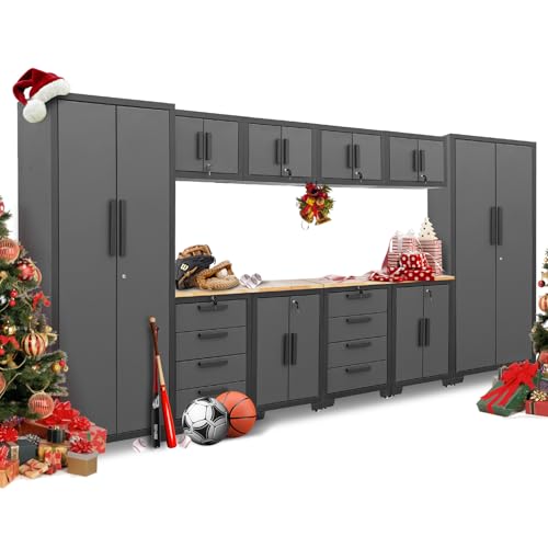 Torin 12 Piece Garage Storage Cabinet Set: Workshop Tool Organizer Chest with Lockers, Shelves and Wood Workbench, Black/Grey