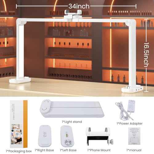 Nail Light for Desk,34 Inch 48W Half Moon Light-Adjustable 3000K-6000K Color Temp, 0-100% Brightness,Nails lamp with Phone Stand,for Nails Art,Tattoo,Eyebrow,Beauty,Reading,Salon