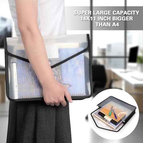 Plastic Expanding File Folder, Transparent envelopes with Snap Closure, No Dividers, Large Capacity, Fit Letter/A4 Size (Black)