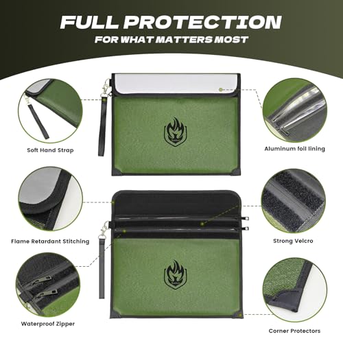 2 Pockets Fireproof Document Bag 6200¡ÆF, 10 Layers Waterproof Fireproof Money Bag for Cash with Reflective Strip, Heat Insulated Waterproof Document Holder Pouch, Fire Safe Storage (Green)