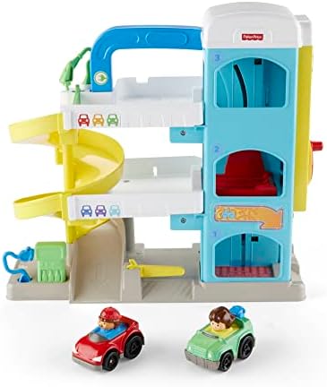 Fisher-Price Little People Toddler Toy Helpful Neighborâs Garage Playset with Spiral Ramp & 2 Cars for Pretend Play Ages 18+ Months