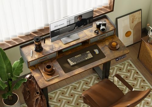 Claiks Standing Desk with Drawers, Adjustable Stand Up Electric Small Standing Desk Adjustable Height with Storage Shelf and Splice Board, 40 Inch, Rustic Brown