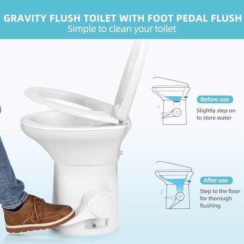 YITAMOTOR RV Toilet with Enamel Bowl, Plastic Toilet Body, Pedal Flush, Gravity Flush Toilet High Profile with Hand Sprayer and Flange for Motorhome Caravan Car Travel