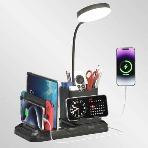 KDD Desk Lamp with USB A&C Charger Ports - Reading Desktop Light with Pen & Phone Holder - Adjustable Brightness Lights with Device Slots - 360¡ÃGooseneck Table Lamp for Home Office College Dorm Room
