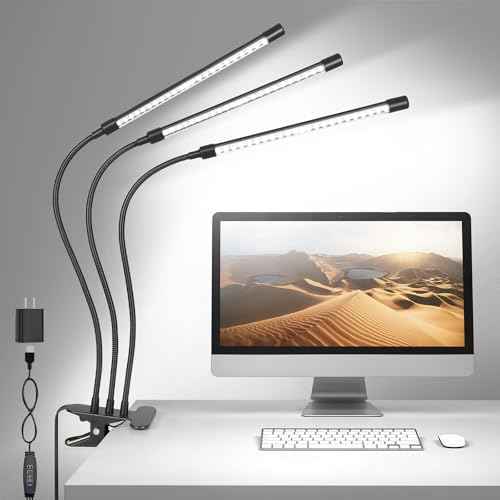 ShineTech 3-Head LED Desk Lamp with Clamp, Eye-Caring Clip-on Light for Home Office, 4 Color Modes & 6 Brightness Levels, 360¡à Flexible Gooseneck Desk Lights for Dorm Room, Reading, Nail, Black