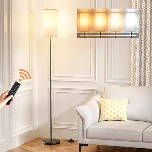 Ambimall Floor Lamps for Living Room & Remote Control, 9W Stepless Dimmable Bulb, Foot Switch, 64'' Tall Standing Lamp, Beige Lampshade(Black)