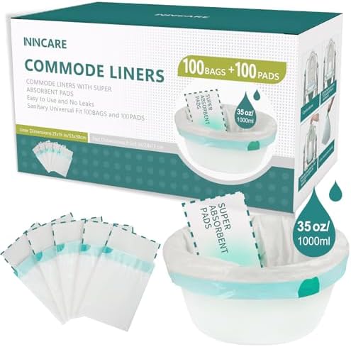 Commode Liners with Absorbent Padsï¼Value Pack 100 Count Universal Fitï¼Disposable Bedside Commode Liners and Pads for Adult Portable Toilet (100Bags + 100Pads)