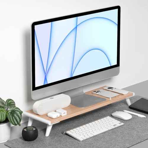 loukin Monitor Stand Riser for Desk, 22.4" x 8.3" Larger Computer Stand for Laptop, PC, Printer, Sturdy Desktop Computer Shelf with Non-Skid Rubber, Home Office, Natural Wood