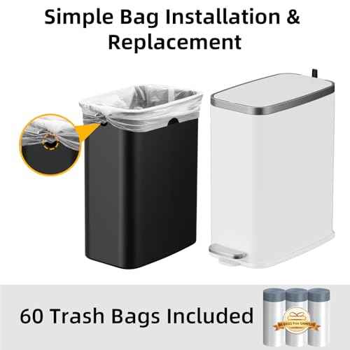 Stainless Steel Bathroom Trash Can with Lid Soft Close,1.6 Gallon Slim Garbage can,Small Metal Step Wastebasket for Office, Bedroom, Toilet, White