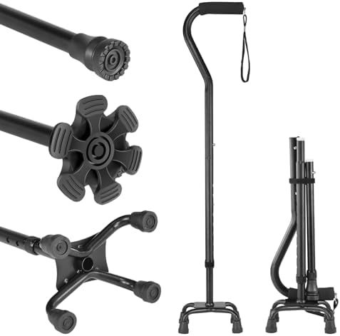 Adjustable Walking Cane for Women ï¼ Men with 4-Pronged Base for Extra Stability, Foam Padded Offset Handle for Soft Grip, Foldable Cane for Seniors for Stability with 3 Different Cane Tips