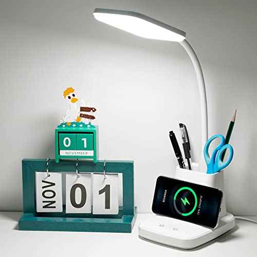 Sailstar Upgraded LED Desk Lamp with Wireless Charger, White Small Desk Light with Pen Holder, 3 Color Modes, CRI 85, 800 Lumen, Study Lamps for College Dorm Room, Home Office, Adapter Included