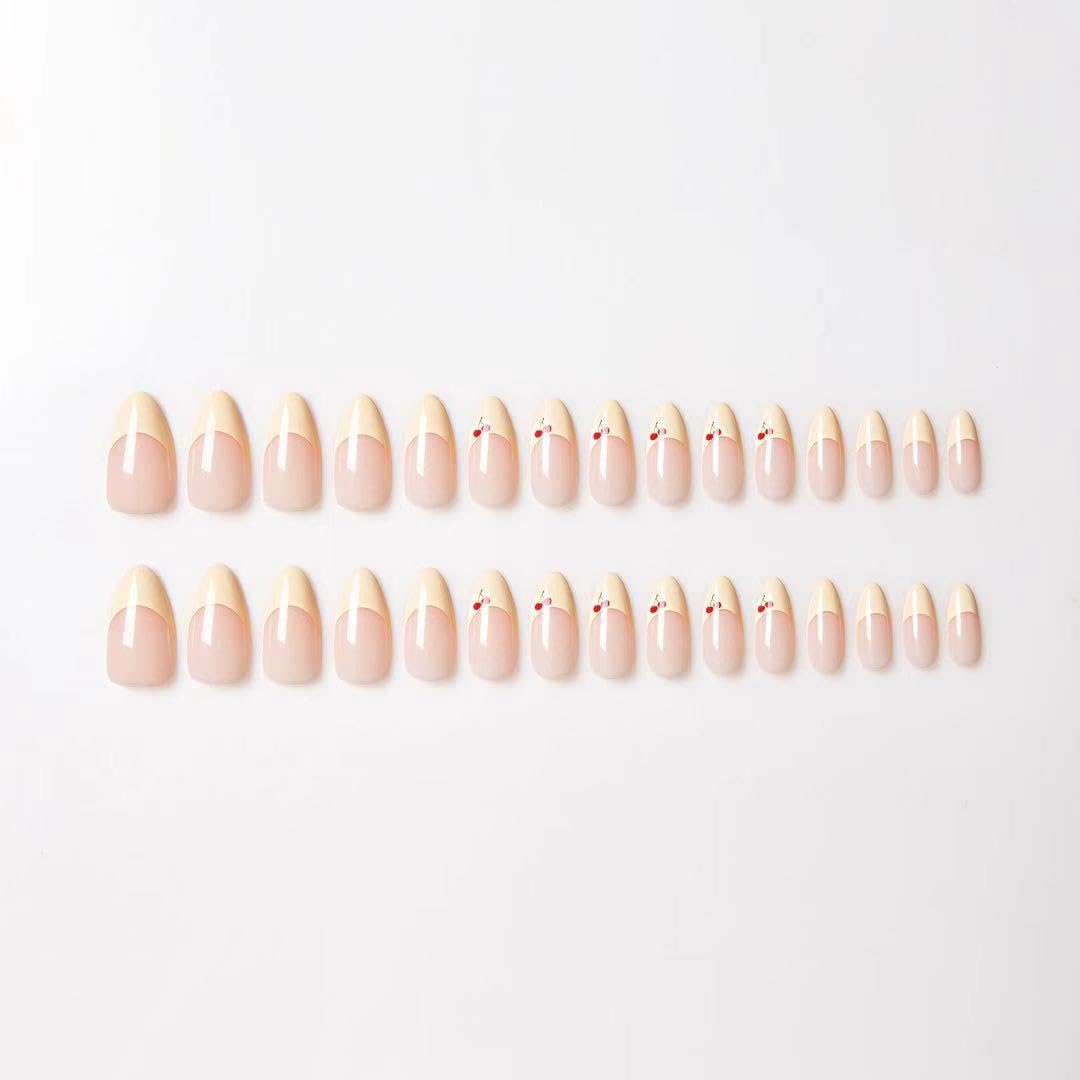 30Pcs Almond Press On Nails - Supremely Fit & Natural Soft Gel Almond Nails,15 Sizes, Reusable Fake Nails Kit with Gift Box for Women (French Yellow)