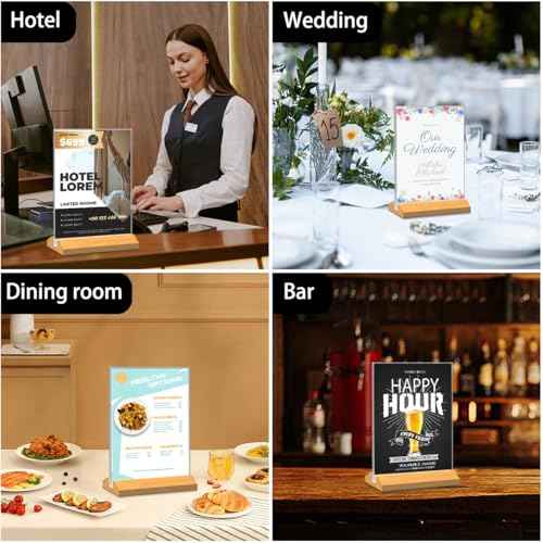 Acrylic Sign Holder 8.5 x 11 Inch 3 Pack, Wood Base Paper Stand for Menu Flyer Display, Table Top Clear Plastic Picture Frame for Stores, Restaurants, Hotels, Office, Farmers Market Show Fair Decor.