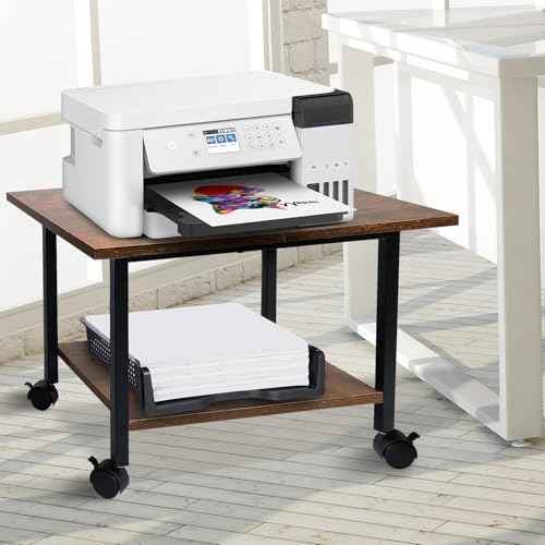 Printer Stand with Storage Shelf, Small Printer Stand for Desk Office Home, Under Desk Printer Table with Rolling Wheels, Heavy Duty Mobile Machine Cart with Shelf, Rustic Brown
