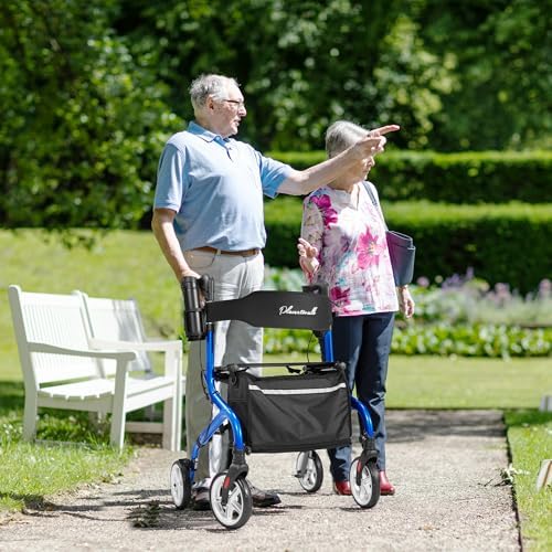 Super Lightweight Rollator Walker for Seniors, Foldable Rolling Walker with Seat and 8" Rubber Wheels for All Terrain, Upgraded Height Adjustment Button with Cup Holder, Blue