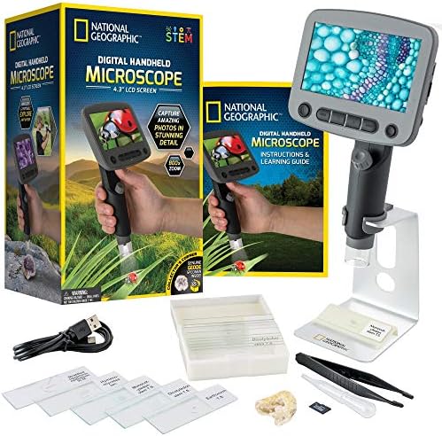 National Geographic Digital Microscope for Kids â 40-Piece Handheld Microscope, Lightweight, Portable, Capture 1080p Photos & Video on Micro SD Card, Tilting 4.3-Inch LCD Screen, 800x Magnification