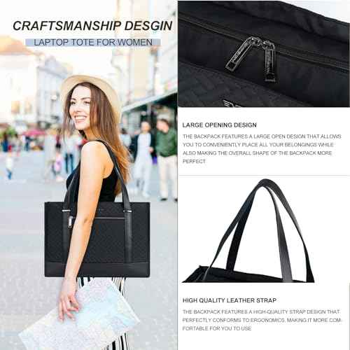 EMPSIGN Laptop Tote Bag for Women 16 Inch, Stylish Computer Shoulder Tote Bag for Work, Large Capacity Quilted Laptop Briefcase, Waterproof Women Business Office Bag, Quilted Black
