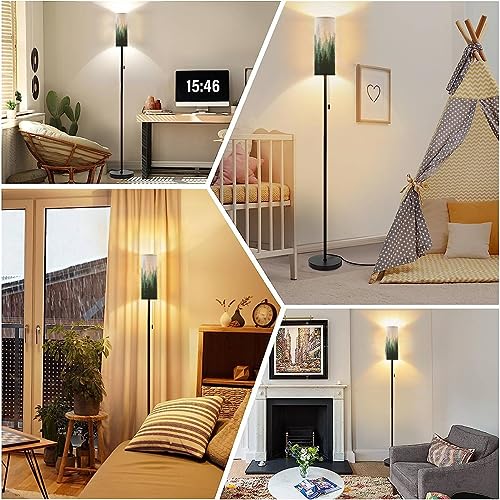 Boho Standing Lamps Forest nature landscape coniferous trees Pine Silhouette Minimalist Floor Lamp Metal Pole Lamp with Linen Lampshade for Bedroom Living Room Office Nursery Reading Foot Switch