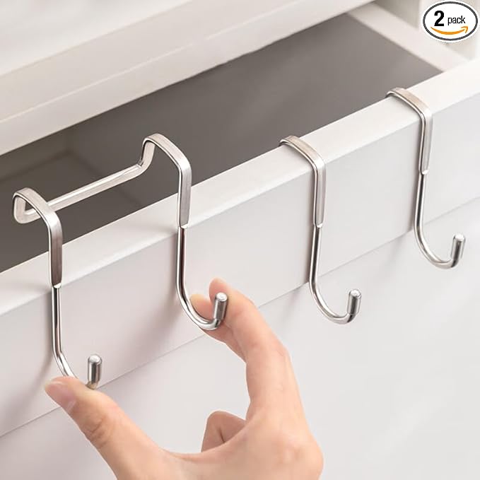 Over The Door Hooks, Stainless Steel Double Hooks, No Drill Cabinet Hooks for Kitchen Cabinet, Bathroom, Wardrobe, Office, Dormitory (2pcs)