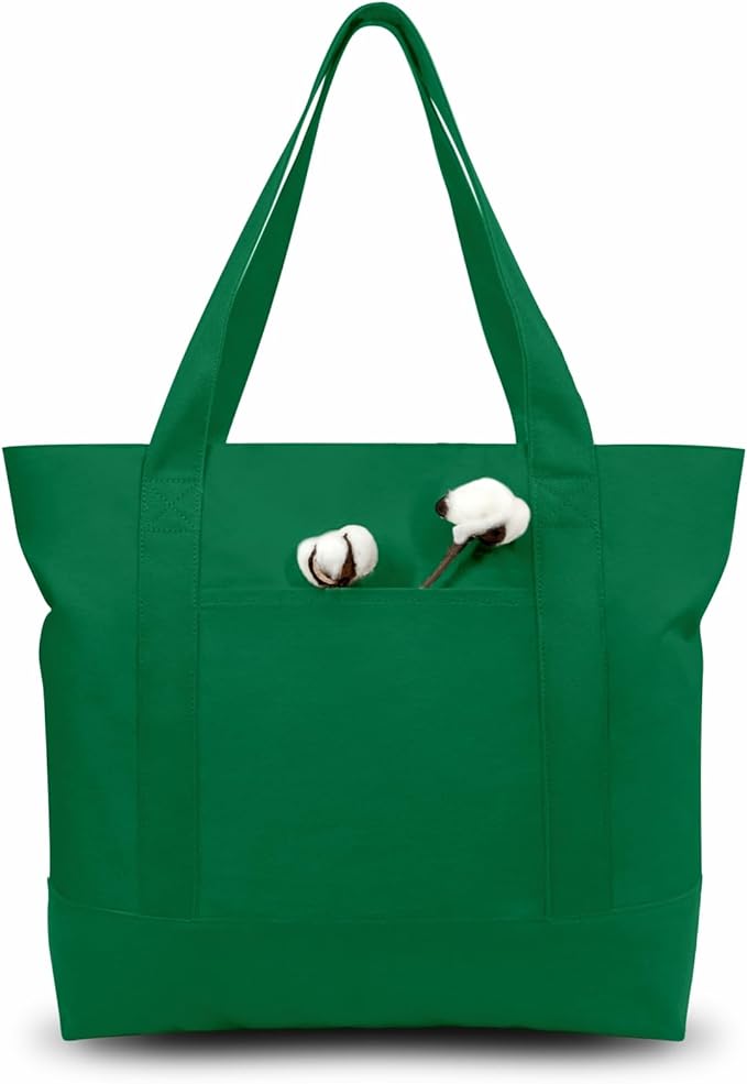 TOPDesign 6-Pack Canvas Tote Bags with an External Pocket, Reusable Grocery Shopping Bags, Top Zipper Closure, Daily Essentials (Green)