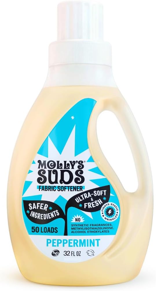 Mollyâs Suds Fabric Softener Liquid for Sensitive Skin | Vinegar-Powered, Infused with Essential Oils | Fights Static, Reduces Wrinkles, Deodorizes | Peppermint, 50 Loads