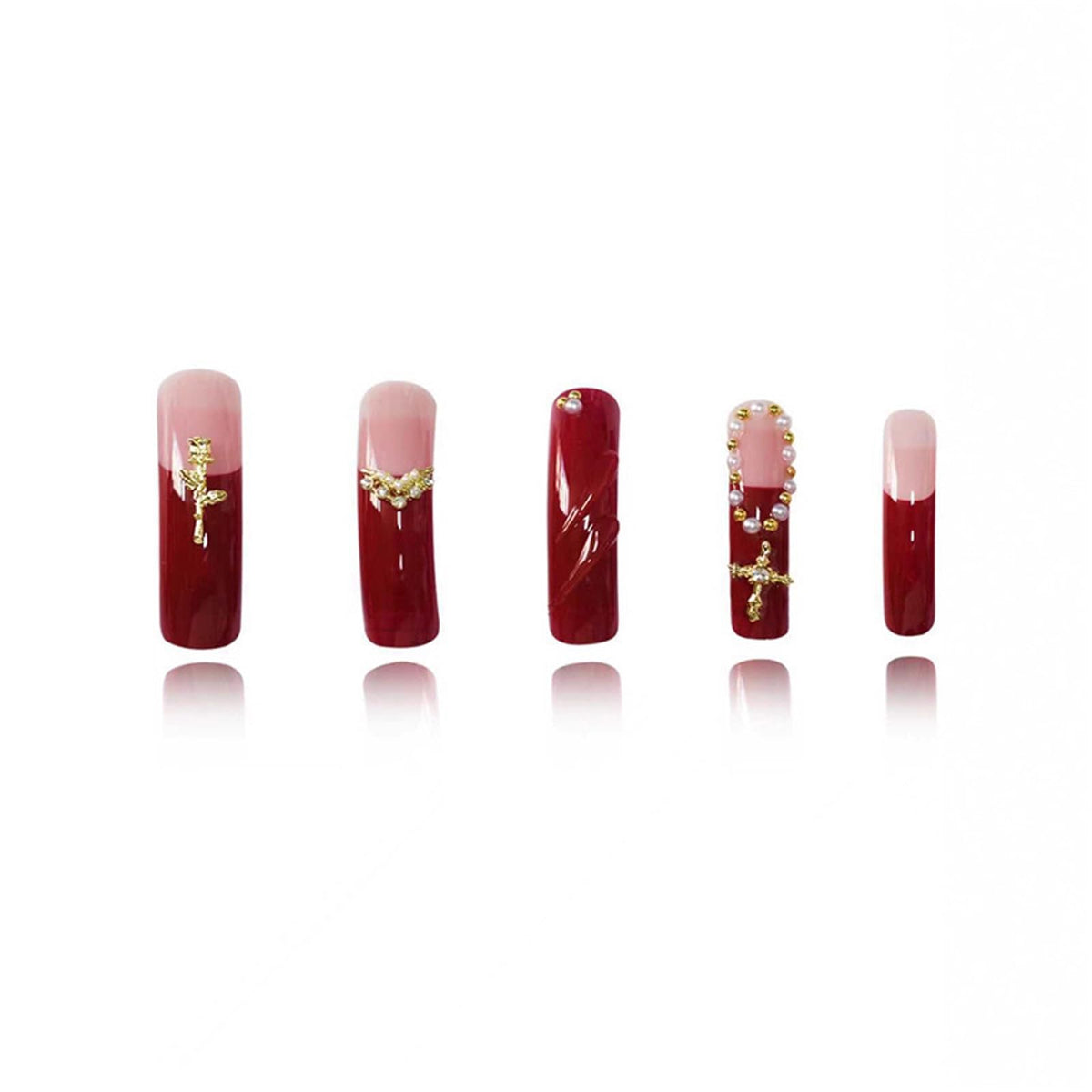 IMSOHOT Extra Long Press on Nails Curved Long Fake Nails Wine Red French Nail Tips, Golden Charms, Glossy, Acrylic False Nails Full Cover Handmade DIY Glue on Nails