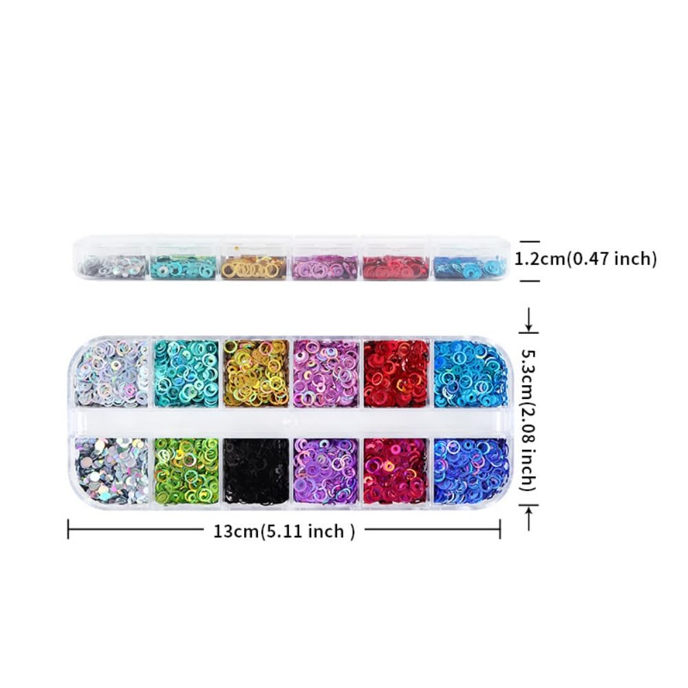1 Box 12 Color Holographic Hollow Circle Nail Glitter Red Purple Nail Sequins 3D Laser Silver Nail Flakes Sparkly Powder Flakes Shiny Nail Glitter Colorful Nail Sequins Glitter for Nails Art 12 Grids