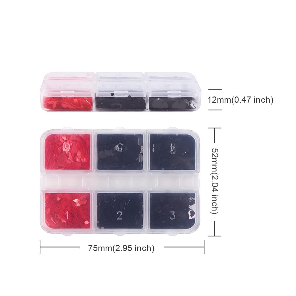 1 Box 2 Color Holographic Poker Nail Glitter Red Black Peach Hearts Nail Sequins 3D Letter Nail Flakes Sparkly Powder Flakes Shiny Nail Glitter Alphabet Nail Sequins Glitter for Nails Art 6 Grids