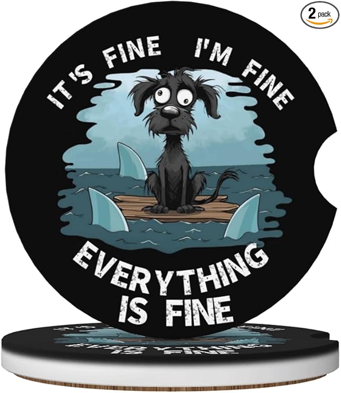 Car Cup Holder Coasters, 2 Pcs Ceramic Coasters with Cork Back and Finger Slot, Anti-Slip Shock Absorbing Women and Men Universal Car Accessories - Fine Dog