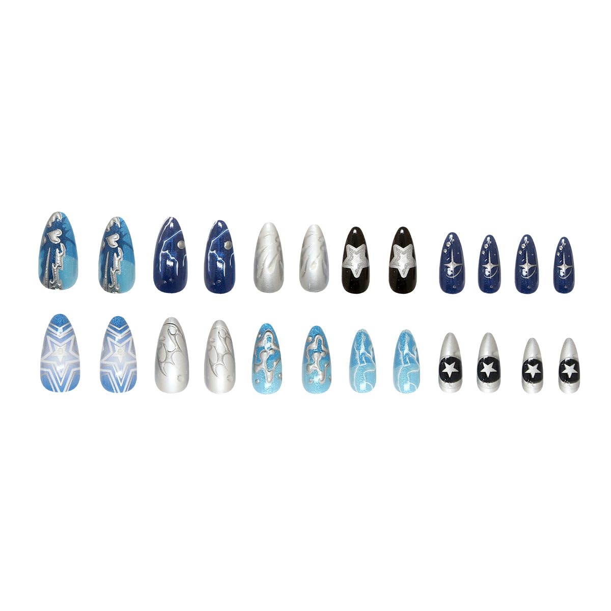 Mkwntg 24Pcs Rippling Starry Sky Press on Nails 3D lines Deep Sea Fake Nails Blue Full Cover Acrylic False Nails Silver Chrome Ombre Glossy Glue on Nails Gothic Y2K Stick on Nails for Women Manicure