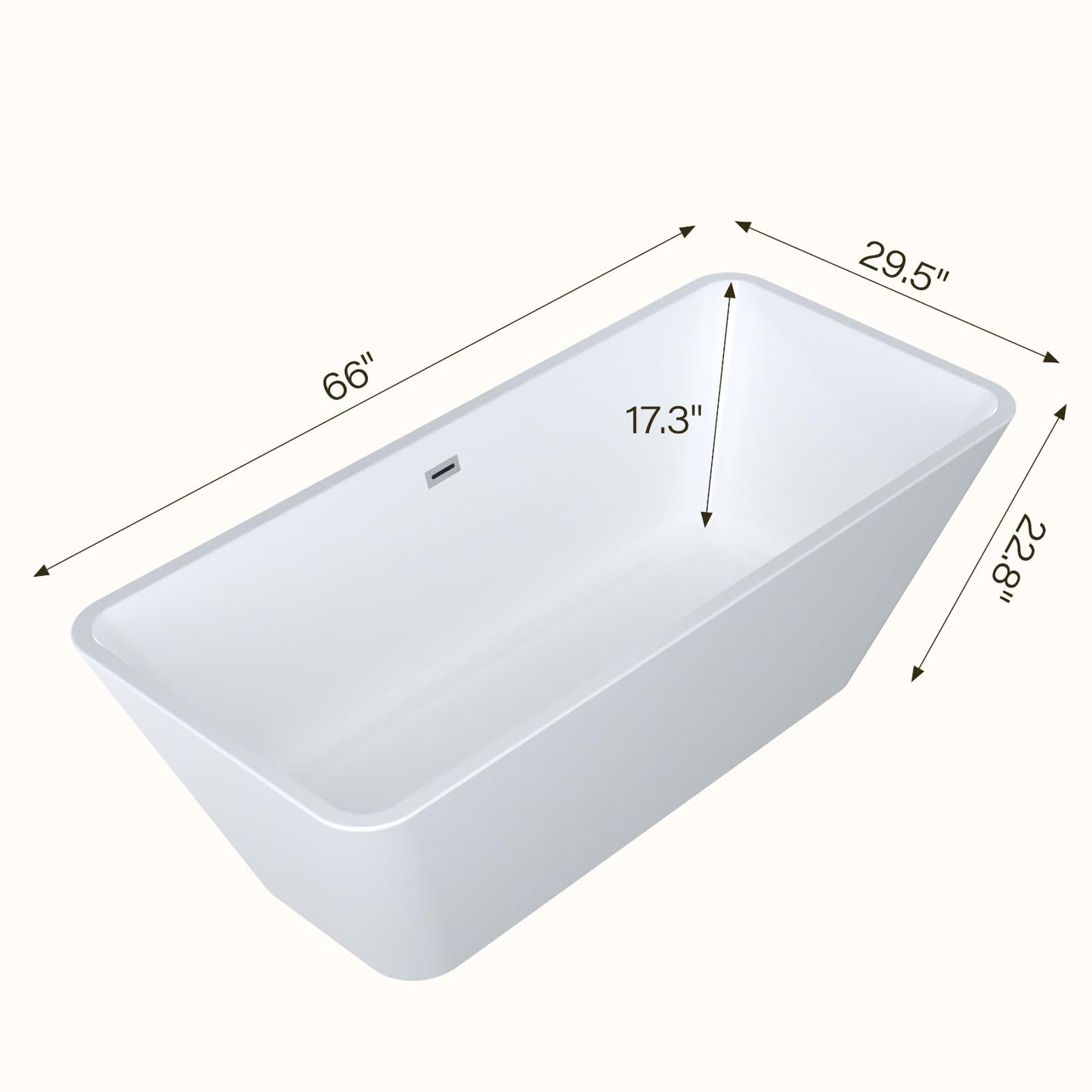 66 Inch Freestanding Bathtub, Acrylic Deep Soak Tub, Glossy White, Easy Install with Overflow & Drain
