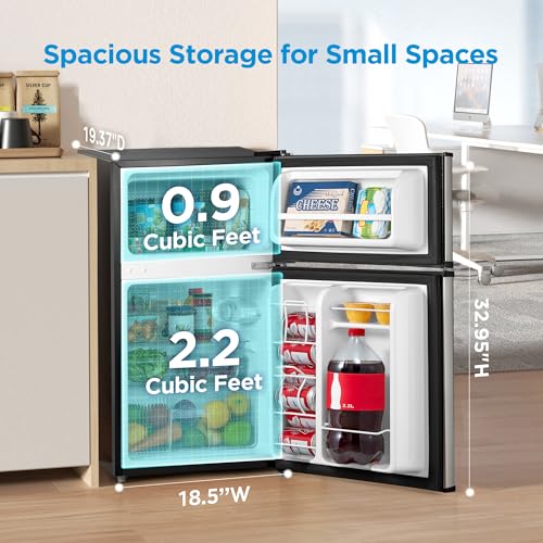 Midea WHD-113FSS1 Double Door Mini Fridge with Freezer for Bedroom Office or Dorm with Adjustable Remove Glass Shelves Compact Refrigerator, 3.1 cu ft, Stainless Steel