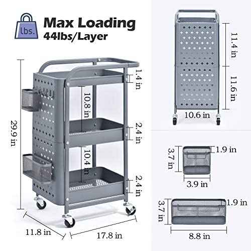 KINGRACK 3-Tier Rolling Cart, Metal Utility Cart with Pegboard, Storage Trolley Organizer Serving Cart with Handle and Extra Baskets Hooks for Kitchen Office Teacher Classroom, Grey