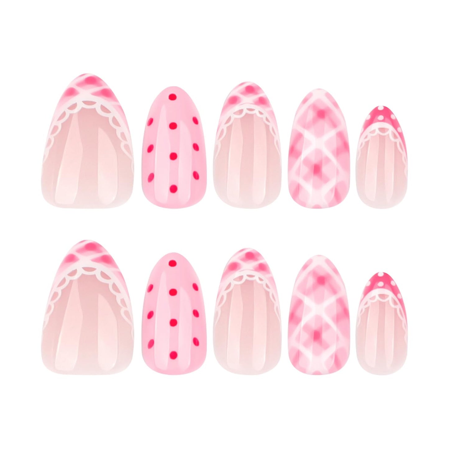 LWTZLW Cute Polka Dots Press on Nails French Tip Short Almond False Nails with Pink Grids Design Full Cover Glue on Nail Summer Reusable Acrylic Fake Nails Glossy Artificial Stick on Nail for Women