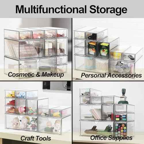 Acrylic Makeup Organizer, 10 Drawers Clear Storage Organizer Desktop Stackable Storage Drawers, Plastic Organizer Bins for Makeup, Stationery, Cosmetics, Vanity, Bathroom,Cabinet,Pantry Office Desk