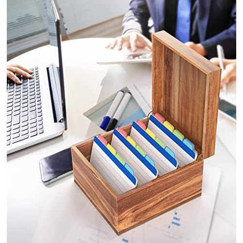 Neando 5x8 Index Card Organizer with Lid ? Extra Large Acacia Wood Storage Box with 4 Compartments, 20 Blank Tabs, Holds 600 Cards ? File Box for Recipes, Projects, School Notes & Office Organization