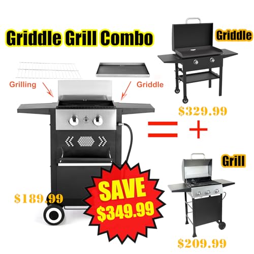 GREEN PARTY 2 Burner Griddle Grill Combo, 2 in 1 Propane Gas BBQ Grill w/Cast Iron Plate, 20,000 BTU Output Small Flat Top Propane Barbecue Grill for Camping, Patio, Backyard, Balcony