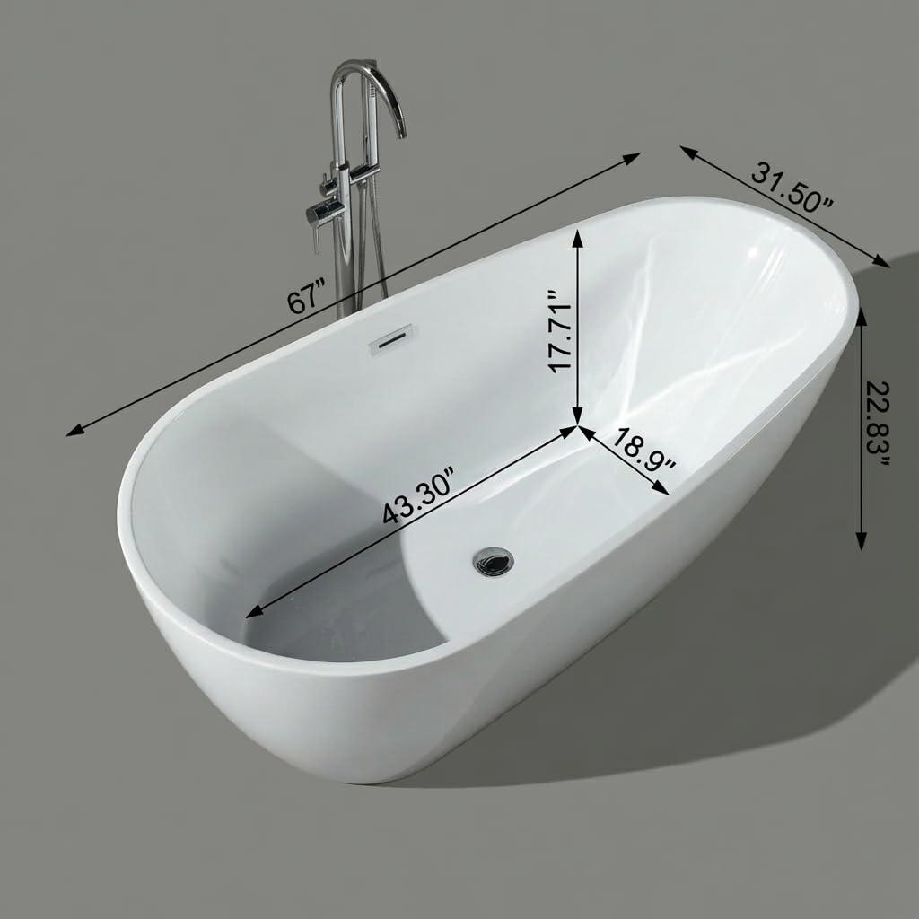67"Freestanding Bathtub, Acrylic Deep Soaking Tub, Non-Slip Acrylic Tub with Chrome Overflow and Drain, CUPC Certified, Ergonomic Modern Bath for Bathrooms, Easy-Install