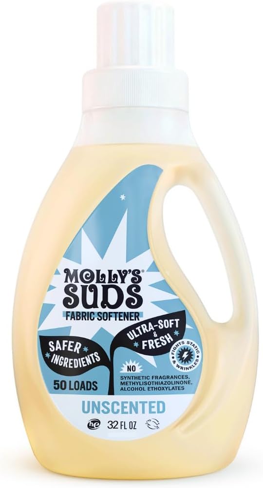 Mollyâs Suds Fabric Softener Liquid for Sensitive Skin | Vinegar-Powered, Infused with Essential Oils | Fights Static, Reduces Wrinkles, Deodorizes | Unscented, 50 Loads