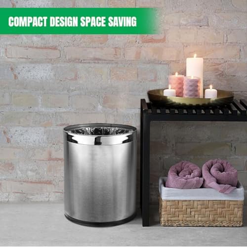Small Office Trash Can, Open Top Small Wastebasket Bin, Stainless Steel Garbage Can, 'Invisi-Overlap' Metal Decorative Waste Basket for Powder Room, Vanity, Bathroom, Home, Modern
