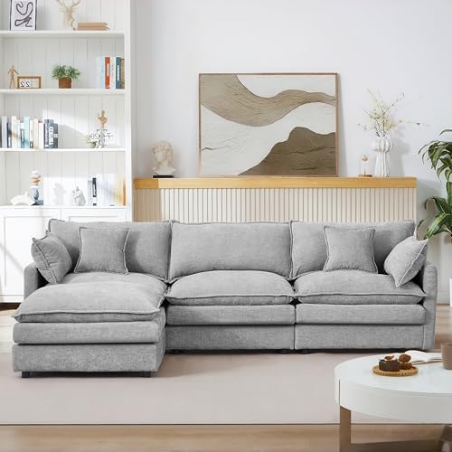 Eafurn Oversized Reversible Modular Sectional Sofa with Movable Ottoman, 4 Seater Convertible L Shaped Corner Couch Modern Chenille Sofa Set w/Double Layers Seat Cushions for Living Room Apartment
