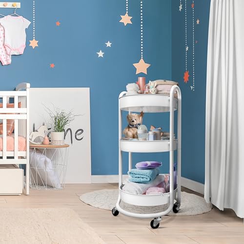 HOMESTEAD Round Rolling Side Table Cart, 3 Tier Metal Utility, 60 lb Heavy Duty, 15¡È Diameter, Lockable 360¡Æ Casters, Powder-Coat Storage for Kitchen, Bedroom, Office, Bath 15.7" x 14.9" x 31.5" White