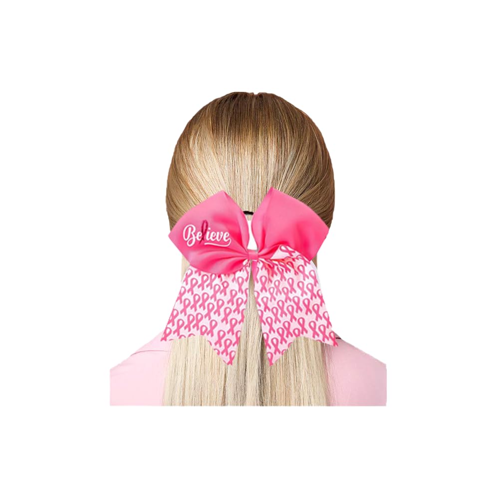 20 Pieces 7 Inch Breast Cancer Awareness Cheer Bows Pink Ribbon Hair Band Elastic Scrunchies Cheerleading with Hair Band Hair Accessories for Teens Women (Believe)